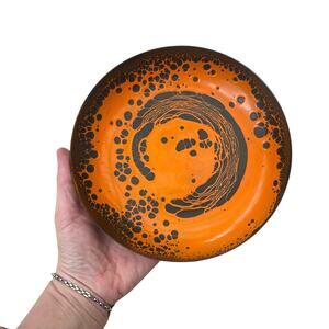Vintage MCM Hanova Of Pasadena Enameled Metal Shallow Bowl BRIGHT Orange 7.5”
